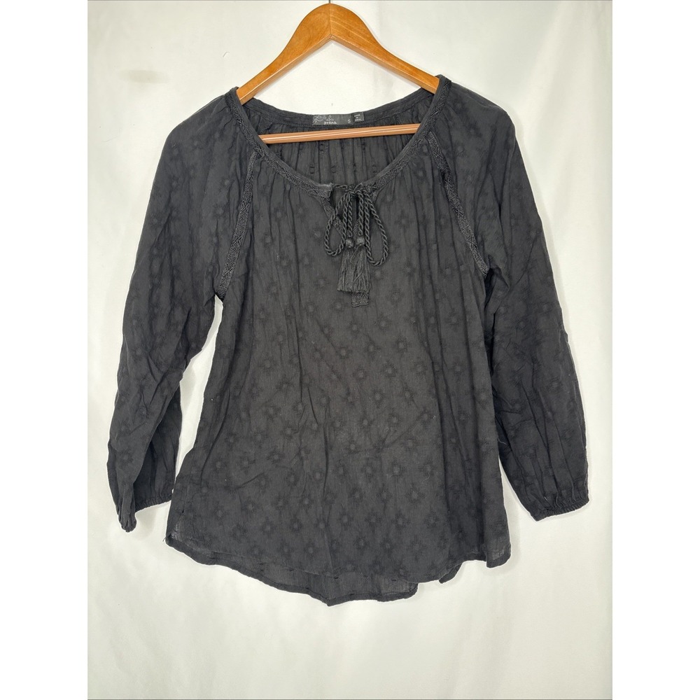 PrAna Sofie Black‎ Boho Crochet Lace Peasant Blouse S Cottagecore Relaxed Casual